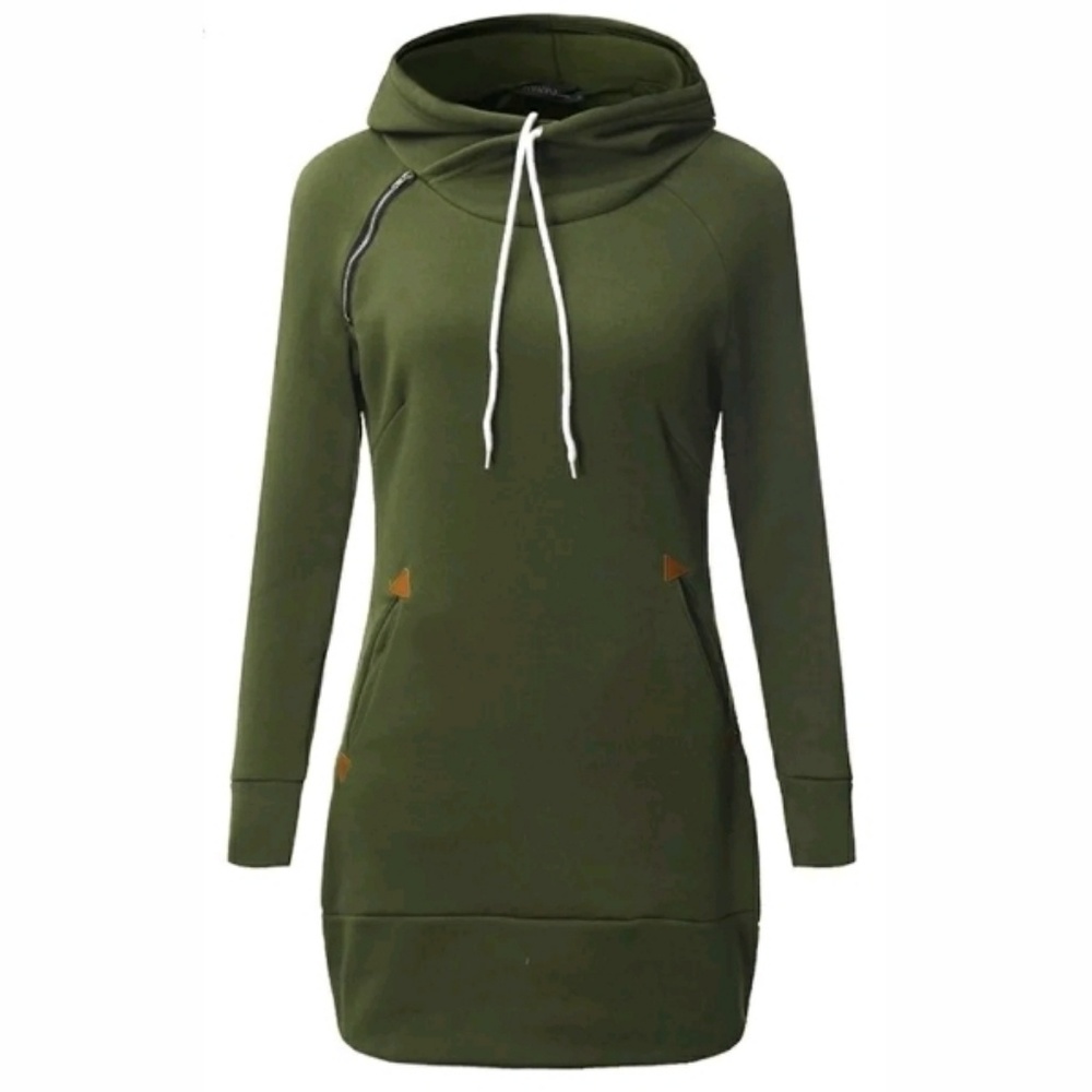 Long Sleeve Hooded Pockets Casual Mini Dress Green - Picture 2 of 4